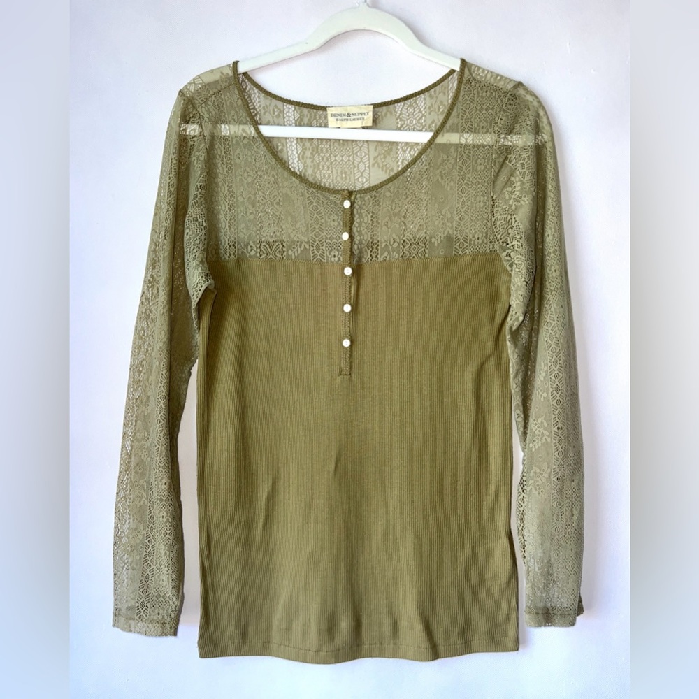 Ralph Lauren Denim & Supply‎ 1/2- Button Ribbed Top T-Shirt Tee w/Lace Size L